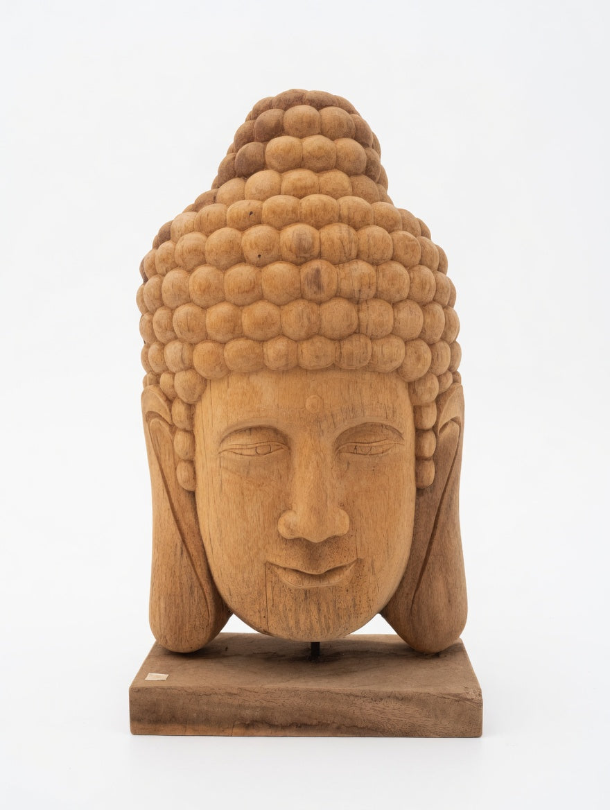 Handgeschnitzter Buddha Kopf aus Teakholz auf Sockel – Meditationsskulptur