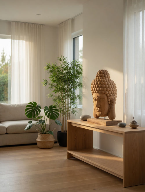Handgeschnitzter Buddha Kopf aus Teakholz auf Sockel – Meditationsskulptur