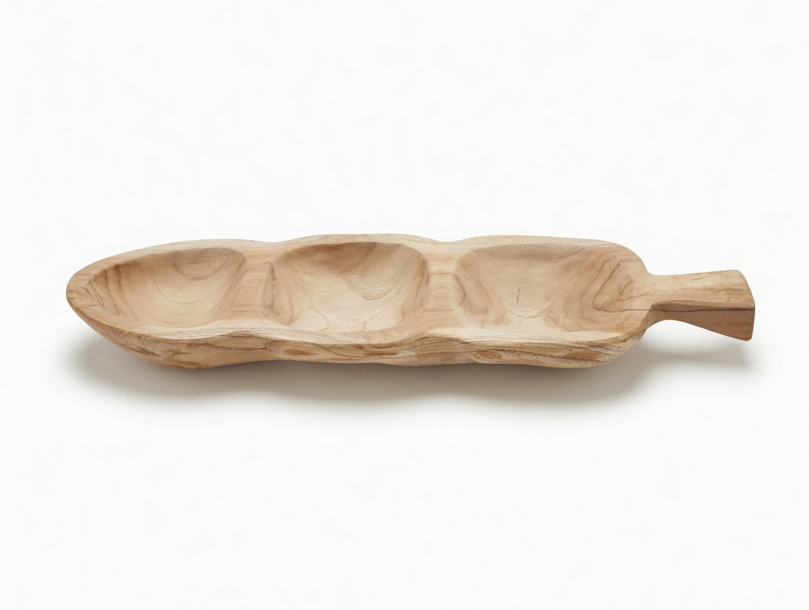 Dreifach Snack- & Servierschale aus Holz mit Griff – „Triple Wave“ | Unikat